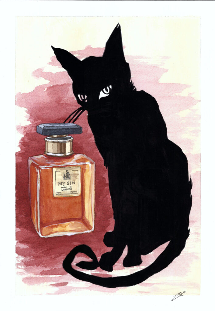 Watercolor painting of Lanvin My Sin parfum in a rectangular bottle. Next to it, a flat graphic black cat. The background a warm red radiating outward.