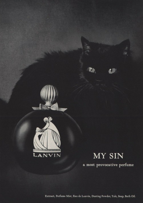 An advertisement featuring Lanvin My Sin with a black cat in the background. The main caption reads, "My Sin a most provocative perfume." The lower caption reads, "Extract, Perfume Mist, Eau de Lanvin, Dusting Powder, Talc, Soap, Bath Oil."