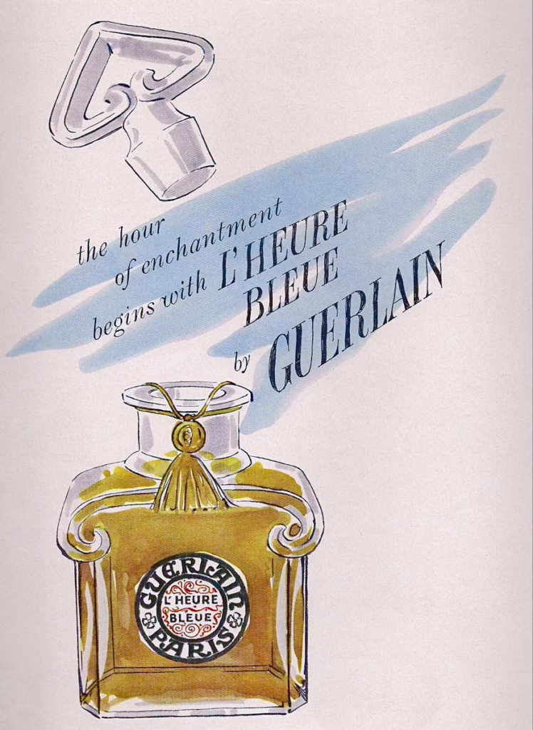 Vintage advertisement for L'Heure Bleue by Guerlain. Features a painting of the bottle with the top open, and blue swatches of color coming out. The words say, "the hour of enchantment begins with L'Heure Bleue by Guerlain."