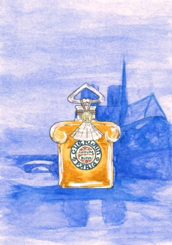 Watercolor painting of a bottle of Guerlain's L'Heure Bleue in front of a impressionist landscape of Paris